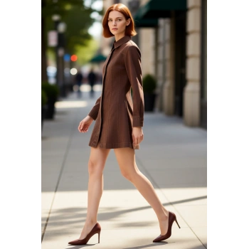 Kadın %100 Pamuk A Line Mumlu Gabardin Dokuma Elbise Gömlek Yaka Uzun Kollu Kışlık Şıklığı