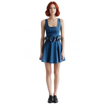 Kadın %100 Pamuk Askılı A line Siluet Kare Yaka Mini Denim Elbise Gül Detaylı Yaz Stili Kaliteli