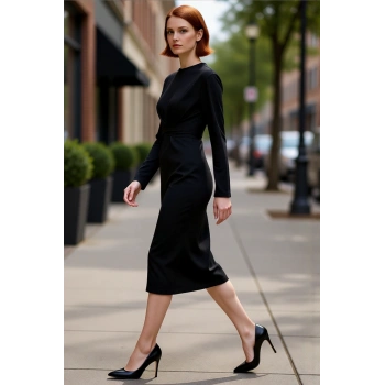 Kadın %100 Pamuk Bodycon Midi Elbise Bağlama Detaylı Bisiklet Yaka Uzun Standart Kol Şıklığı