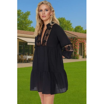 Kadın %100 Pamuk Dantelli Mini Plaj Elbisesi Rahat Yazlık Özel Tasarım Şık Görünüm Uzun Ömürlü