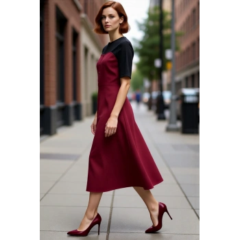 Kadın %100 Pamuk Gabardin Dokuma Renk Bloklu Skater Midi Elbise Bisiklet Yaka Düğmeli Kısa Kollu