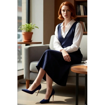 Kadın %100 Pamuk Gabardin Dokuma V Yaka Midi Jile Elbise Modern Rahat İlkbahar Sonbahar Giysi