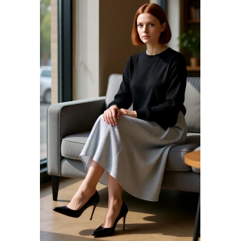 Kadın 100% Pamuk Midi Elbise Siyah Triko Garnili Çizgili Desen Günlük ve Rahat Stil Kaliteli