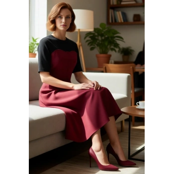 Kadın %100 Pamuklu Midi Elbise Renk Bloklu Skater Kesim Bisiklet Yaka Düğmeli Kısa Kollu Gabardin