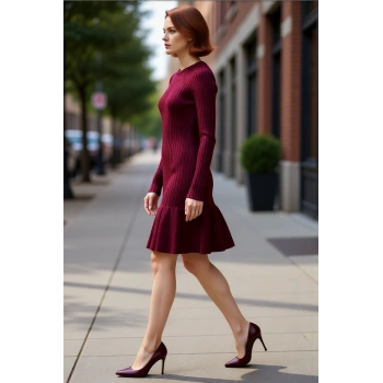 Kadın A Kesim Bordo Triko Mini Elbise Uzun Kollu Bisiklet Yaka Şık Günlük Kış Stili Tasarım