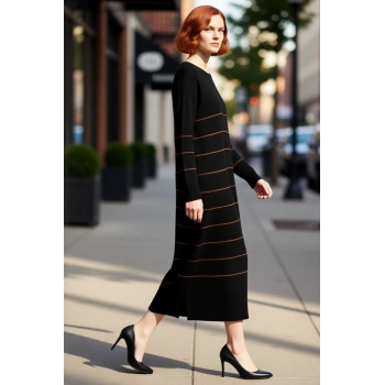 Kadın A Kesim Çizgili Bisiklet Yaka Uzun Standart Kollu Triko Elbise Kış Mevsimi İçin Şık Ve Rahat