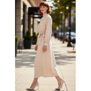 Kadın A Kesim Dik Yaka Balon Kol Kuşak Detaylı Dokuma Maxi Elbise Modern Şık Günlük Stile Uygun