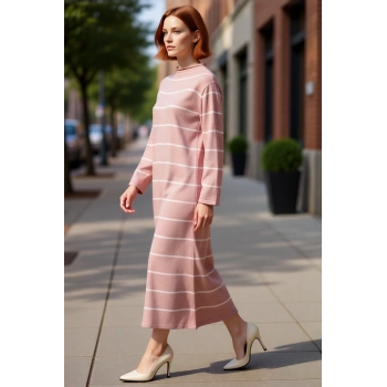 Kadın A Kesim Dik Yaka Çizgili Triko Maxi Elbise Uzun Kollu Günlük Şıklık Sunan Konfor Kaliteli