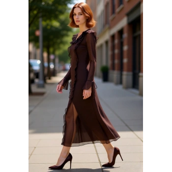 Kadın A Kesim Fırfırlı Maxi Elbise V Yaka Uzun Kollu Astarlı Tül Kumaş Detaylı Günlük Şıklık