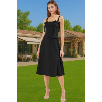 Kadın A Kesim Fiyonk Detaylı Midi Elbise Dokuma Yazlık Mezuniyet Modern Stil Rahat Ve Şık