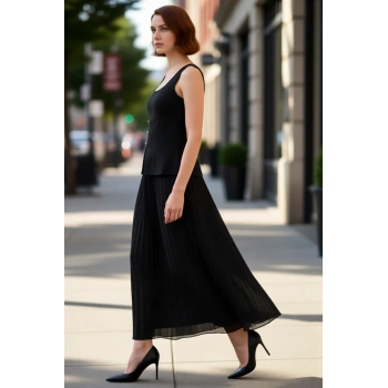 Kadın A Kesim Kare Yaka Kolsuz Piliseli Midi Elbise Şık Altın Düğmeli Astarlı Modern Tasarım