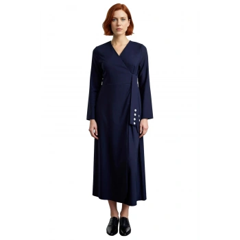 Kadın A Kesim Lacivert Anvelop Elbise Ceket Yaka Uzun Kol Düz Dokuma Kumaş Bağlama Detaylı Şık ve