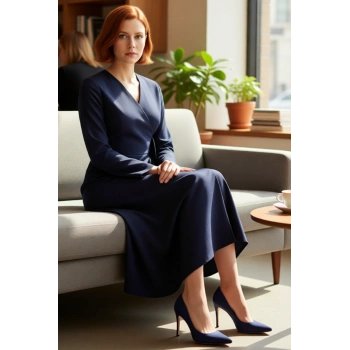 Kadın A Kesim Lacivert Anvelop Elbise Ceket Yaka Uzun Kol Düz Dokuma Kumaş Bağlama Detaylı Şık ve
