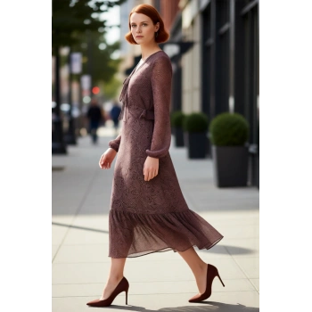 Kadın A Kesim Maxi Boy Şal Desenli V Yaka Balon Kol Şifon Dokuma Rahat Elbise Modeli Kaliteli