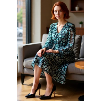 Kadın A Kesim Maxi Çiçekli Kuşaklı V Yaka Uzun Balon Kol Dokuma Şifon Elbise Zarafet Ve Konfor