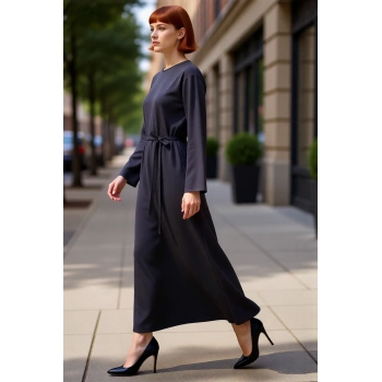 Kadın A Kesim Maxi Uzun Kollu İnterlok Örme Kemerli Düz Elbise İlkbahar Sonbahar İçin Şık Ve Rahat