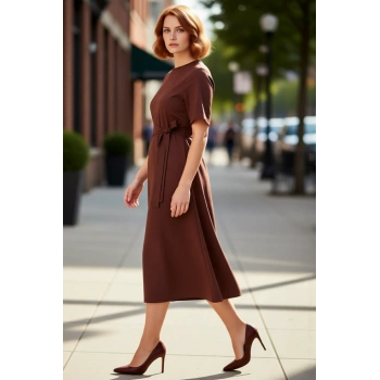 Kadın A Kesim Midi Boy Düz Desen Polyester Bisiklet Yaka Kısa Kol Dokuma Elbise Günlük Şıklık