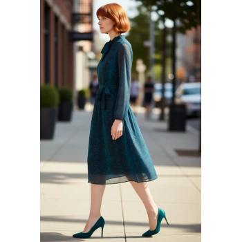 Kadın A Kesim Midi Boy Şifon Balon Kol Kuşaklı Fular Yaka Hayvan Desenli Elbise Günlük Şıklık