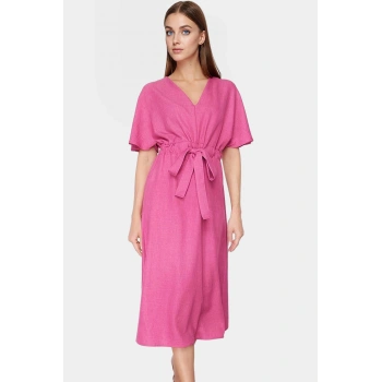 Kadın A Kesim Midi Elbise Keten Görünümlü Polyester Kuşaklı V Yaka Yüksek Kalite Zarifane Tasarım