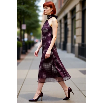 Kadın A Kesim Puantiyeli Fular Yaka Aksesuar Detaylı Şifon Midi Elbise Yaz İlkbahar Şıklığı