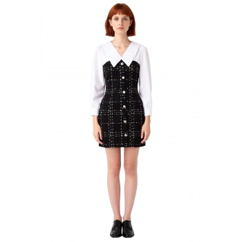 Kadın A Kesim Tüvit Kareli Gömlek Yaka Uzun Balon Kollu Düğmeli Mini Elbise Kış Modasına Şık