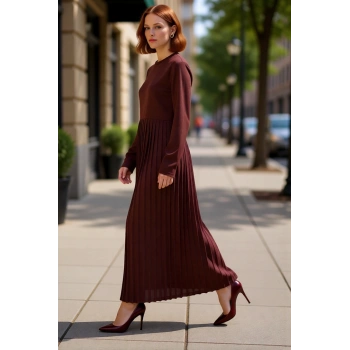 Kadın A Kesim Uzun Kol Bisiklet Yaka Fermuarlı Piliseli Maxi Örme Elbise Kış Kombinleri İçin