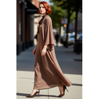 Kadın A Kesim Vizon Pelerin Detaylı Maxi Elbise Dik Yaka Uzun Kollu Şifon Kumaş Zarif Tasarım