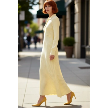 Kadın A Line %100 Akrilik Ribana Triko Maxi Elbise Polo Yaka ve Metal Düğmeli Tesettür Kışlık Giyim