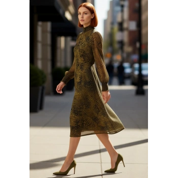 Kadın A Line Balon Kol Gipeli Midi Elbise Dik Yaka Şifon Animal Desenli Şık Ve Zarif Bir Seçim