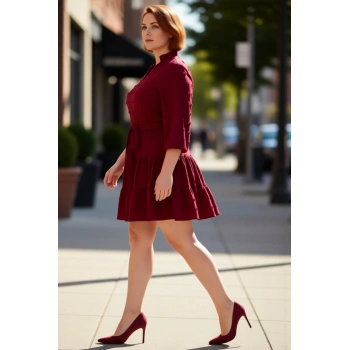 Kadın A line Bordo Dokulu Kuşaklı V Yaka Mini Elbise İlkbahar Sonbahar İçin Şık Büyük Beden Seçenek.