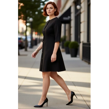 Kadın A Line Dokuma Elbise Truvakar Kol Bisiklet Yaka Zarif Ofis ve İş Hayatı Şıklığı Sunar