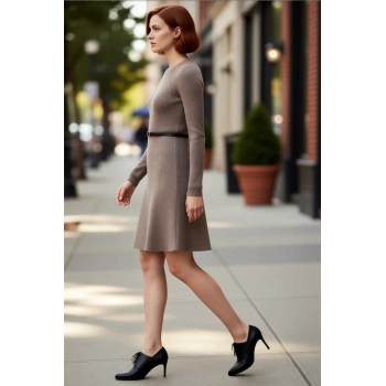 Kadın A line Fitilli Triko Elbise Mini Boy Kemerli Bisiklet Yaka Uzun Reglan Kol Kışlık Rahat Şıklık