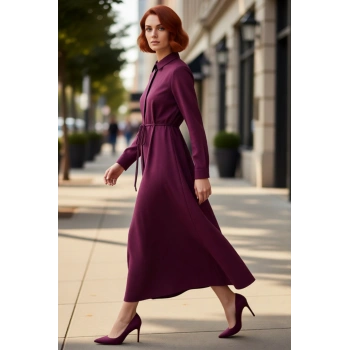 Kadın A Line Gömlek Yaka Maxi Boy Astarsız Keten Görünümlü Düz Tesettür Dokuma Elbise Kaliteli