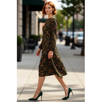 Kadın A line Kalıp Yırtmaç Detaylı Çiçekli Desenli Bisiklet Yaka Balon Kol Midi Boy Elbise