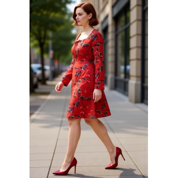 Kadın A Line Kalp Yaka Çiçekli Desenli Uzun Kollu Kısa Büyük Beden Dokuma Elbise İlkbahar Sonbahar