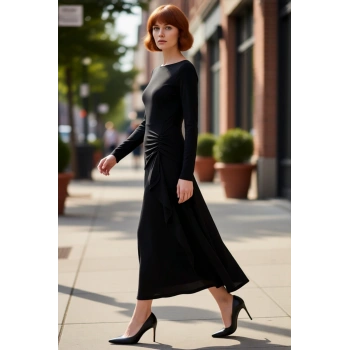 Kadın A Line Kayık Yaka Maxi Elbise Uzun Kollu Büzgü Detaylı Kış Sezonu İçin Şık Ve Zarif Bir