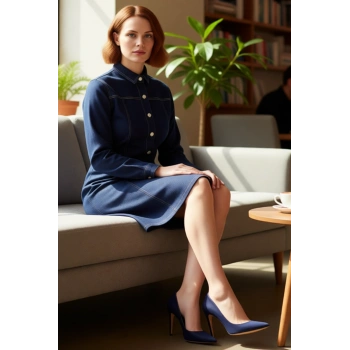 Kadın A Line Kesim Denim Gömlek Yaka Uzun Kollu Elbise Modern Şık Büyük Beden Günlük Kombinler İçin