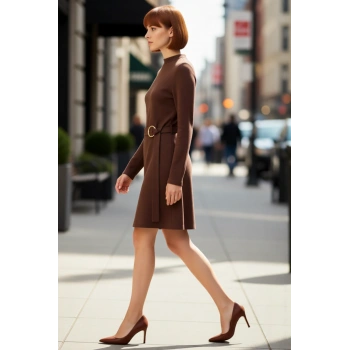 Kadın A Line Kesim Dik Yaka Kemer Detaylı Mini Örme Elbise Uzun Kol Selanik Dokuma Kışlık Şıklık