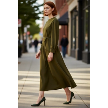 Kadın A Line Kesim Düz Desen Bisiklet Yaka Uzun Kollu Maxi Boy Kuşaklı Rahat ve Şık Dokuma Elbise