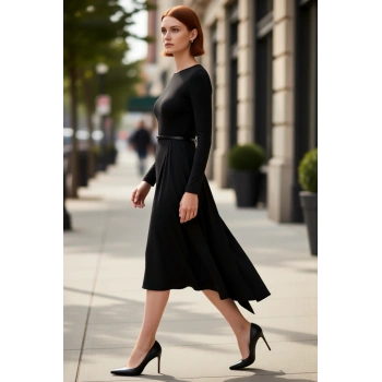 Kadın A Line Kesim Kemer Detaylı Havuz Yaka Uzun Kollu Maxi Boy Örme Elbise Kış Sezonu İçin Şık Bir