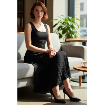 Kadın A Line Kesim Kolsuz Piliseli Etekli Midi Elbise Kare Yaka Detaylı Özel Günler İçin Kaliteli