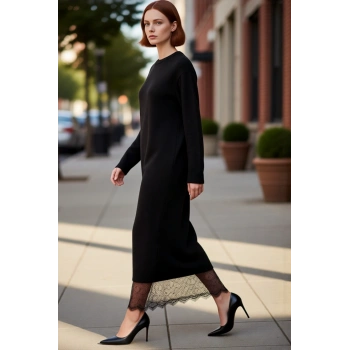 Kadın A Line Kesim Maxi Triko Elbise Dantel Detaylı Uzun Kollu Şık Bisiklet Yaka Tasarım Tesettür