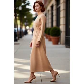 Kadın A Line Kesim Maxi Uzun Kol Bisiklet Yaka Örme Elbise Günlük Şıklık ve Konfor Sunar Kaliteli