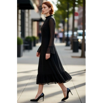 Kadın A Line Kesim Midi Boy İspanyol Kol Dik Yakalı Şifon Dokuma Astarlı Fırfırlı Özel Gün Elbisesi