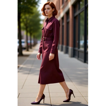 Kadın A Line Kesim Midi Boy Kemerli Gömlek Yaka Düz Dokuma Elbise Şık Ve Modern Stil Sunar