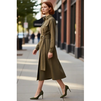 Kadın A Line Kesim Midi Boy Kuşaklı Gömlek Yaka Uzun Kollu Dokuma Elbise Kış Kombinleri İçin İdeal