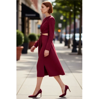 Kadın A line Kesim Midi Boy Uzun Kollu Dokuma Kışlık Cut Outlı Aksesuar Detaylı Şık Elbise