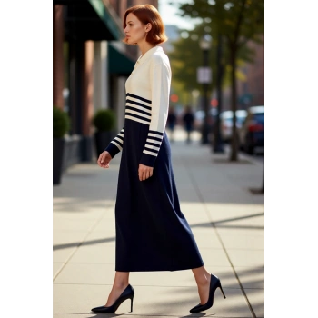 Kadın A line Kesim Polo Yaka Çizgili Düğmeli Triko Maxi Elbise Uzun Kol Rahat Şık Tasarım Kaliteli
