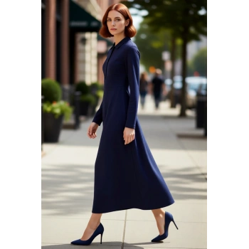 Kadın A Line Kesim Polo Yaka Maxi Örme Krep Elbise Düz Deseniyle Gün Boyu Şıklık Sunar Kaliteli