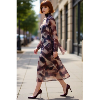 Kadın A Line Kesim Soyut Desenli V Yaka Midi Elbise Aksesuar Detaylı Tül Kumaşıyla Şıklık Sunar.